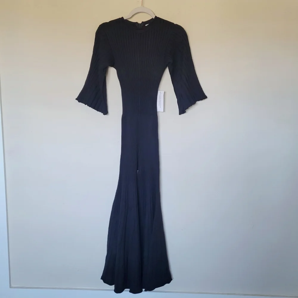 AMYLYNN The Bae Wide Leg Fitted Knit Jumpsuit in Black - Picture 5 of 12